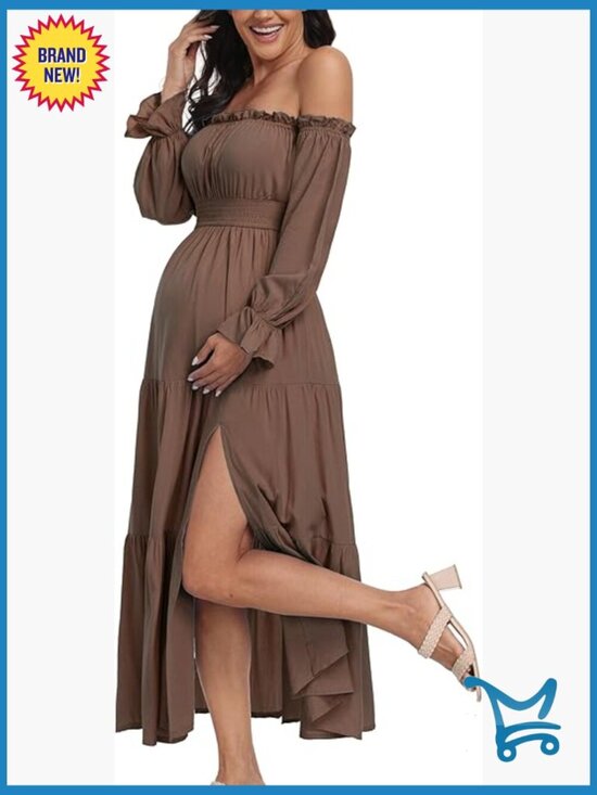 Dresses & Skirts - Off Shoulder Maternity Dress, Long Sleeve Side Split Flowy A Line Maxi Dress